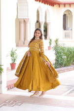 Thumbnail for Lorenvalley Fashion Mustard Vichitra Silk with Rich Sequins & Zari Embroidered work Anarkali Gown with Dupatta - Distacart