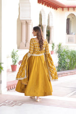Thumbnail for Lorenvalley Fashion Mustard Vichitra Silk with Rich Sequins & Zari Embroidered work Anarkali Gown with Dupatta - Distacart