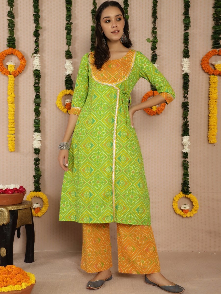 Aks Bandhani Printed Gotta Patti Pure Cotton Angrakha Kurta With Palazzos - Distacart