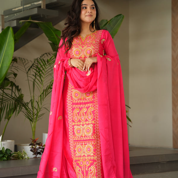 Lorenvalley Fashion Gajari Chinnon with Zari Multi & Thread Embroidered work Kurta Pant with Dupatta - Distacart