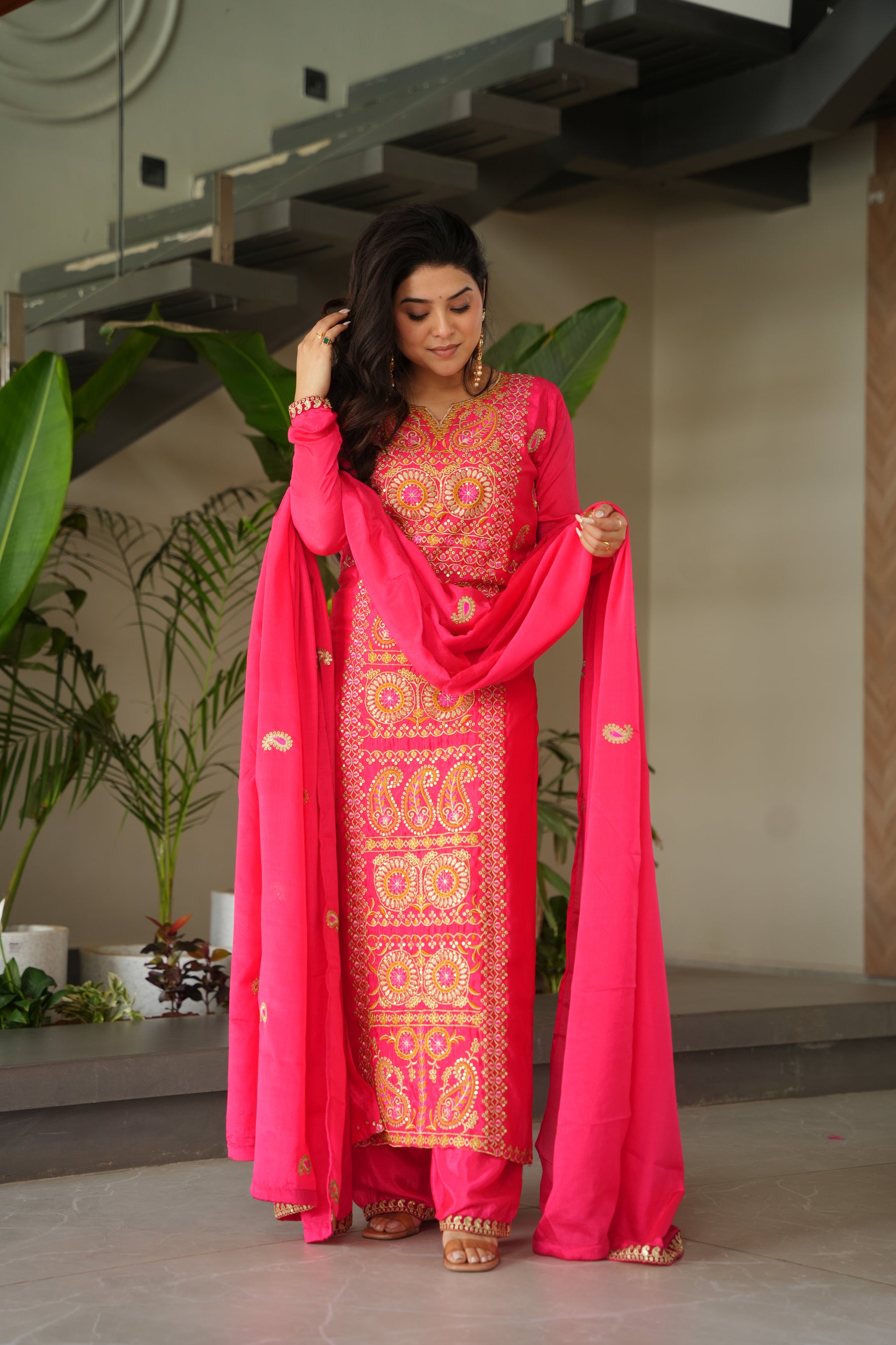 Lorenvalley Fashion Gajari Chinnon with Zari Multi & Thread Embroidered work Kurta Pant with Dupatta - Distacart