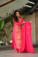 Thumbnail for Lorenvalley Fashion Gajari Chinnon with Zari Multi & Thread Embroidered work Kurta Pant with Dupatta - Distacart