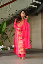 Thumbnail for Lorenvalley Fashion Gajari Chinnon with Zari Multi & Thread Embroidered work Kurta Pant with Dupatta - Distacart