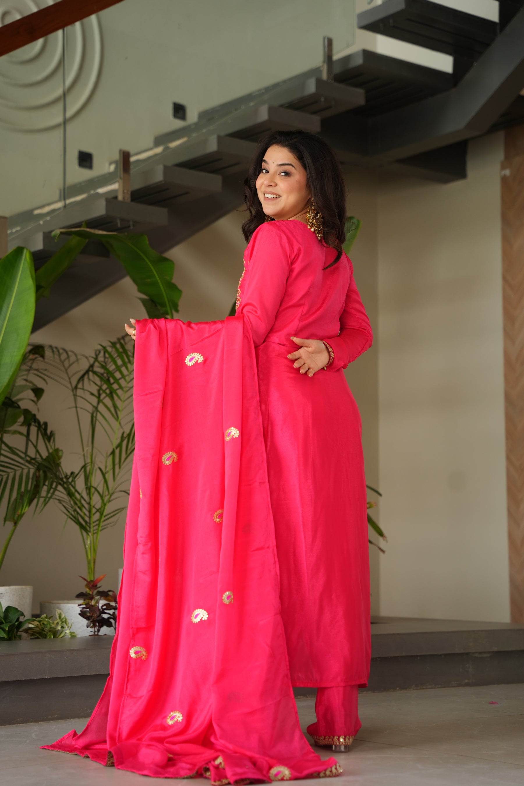 Lorenvalley Fashion Gajari Chinnon with Zari Multi & Thread Embroidered work Kurta Pant with Dupatta - Distacart