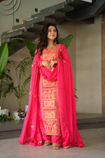 Thumbnail for Lorenvalley Fashion Gajari Chinnon with Zari Multi & Thread Embroidered work Kurta Pant with Dupatta - Distacart