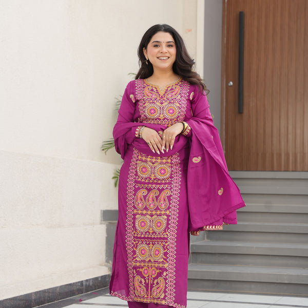 Lorenvalley Fashion Magenta Chinon Silk with Zari Multi & Thread Embroidered work Kurta Pant with Dupatta - Distacart