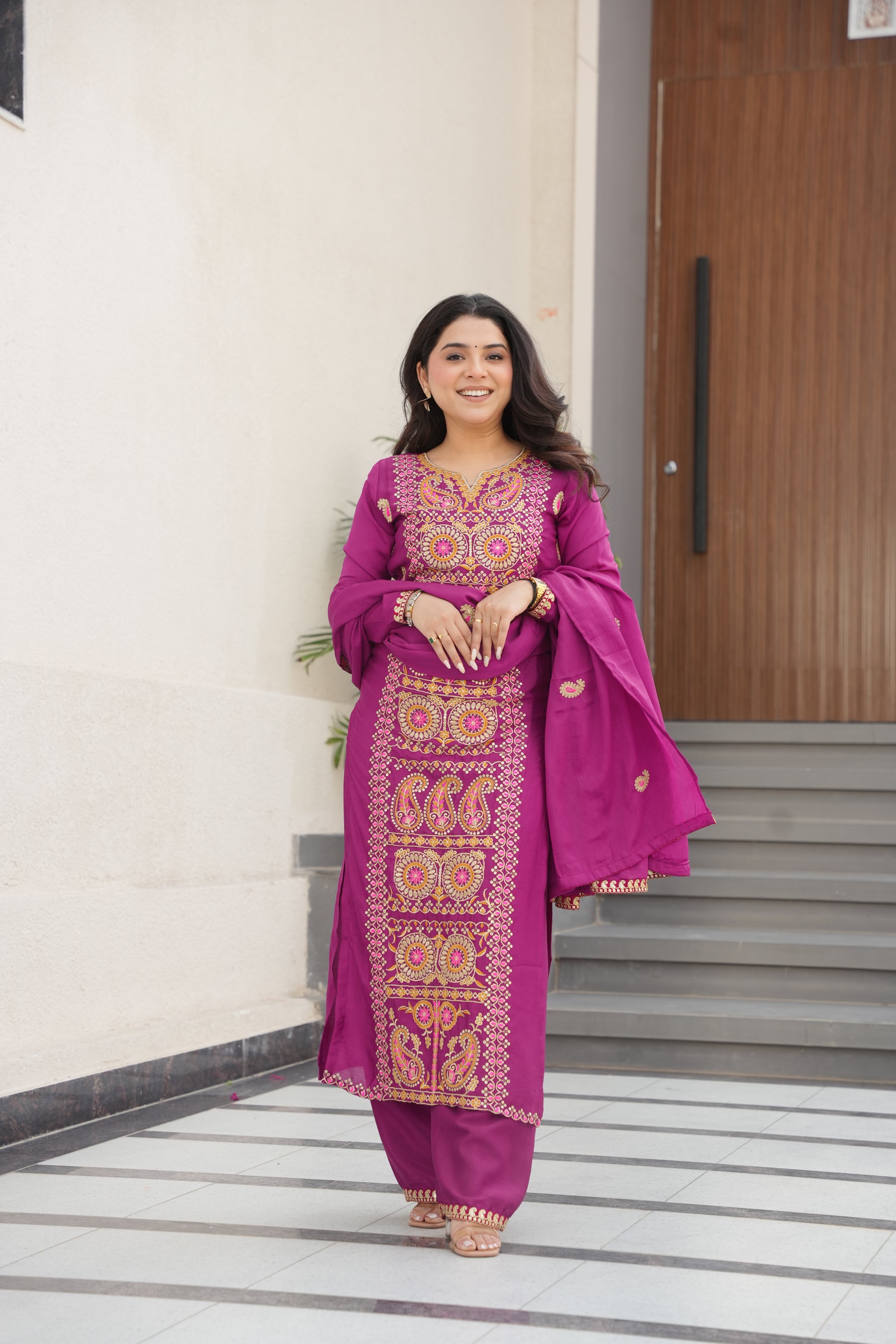 Lorenvalley Fashion Magenta Chinon Silk with Zari Multi & Thread Embroidered work Kurta Pant with Dupatta - Distacart