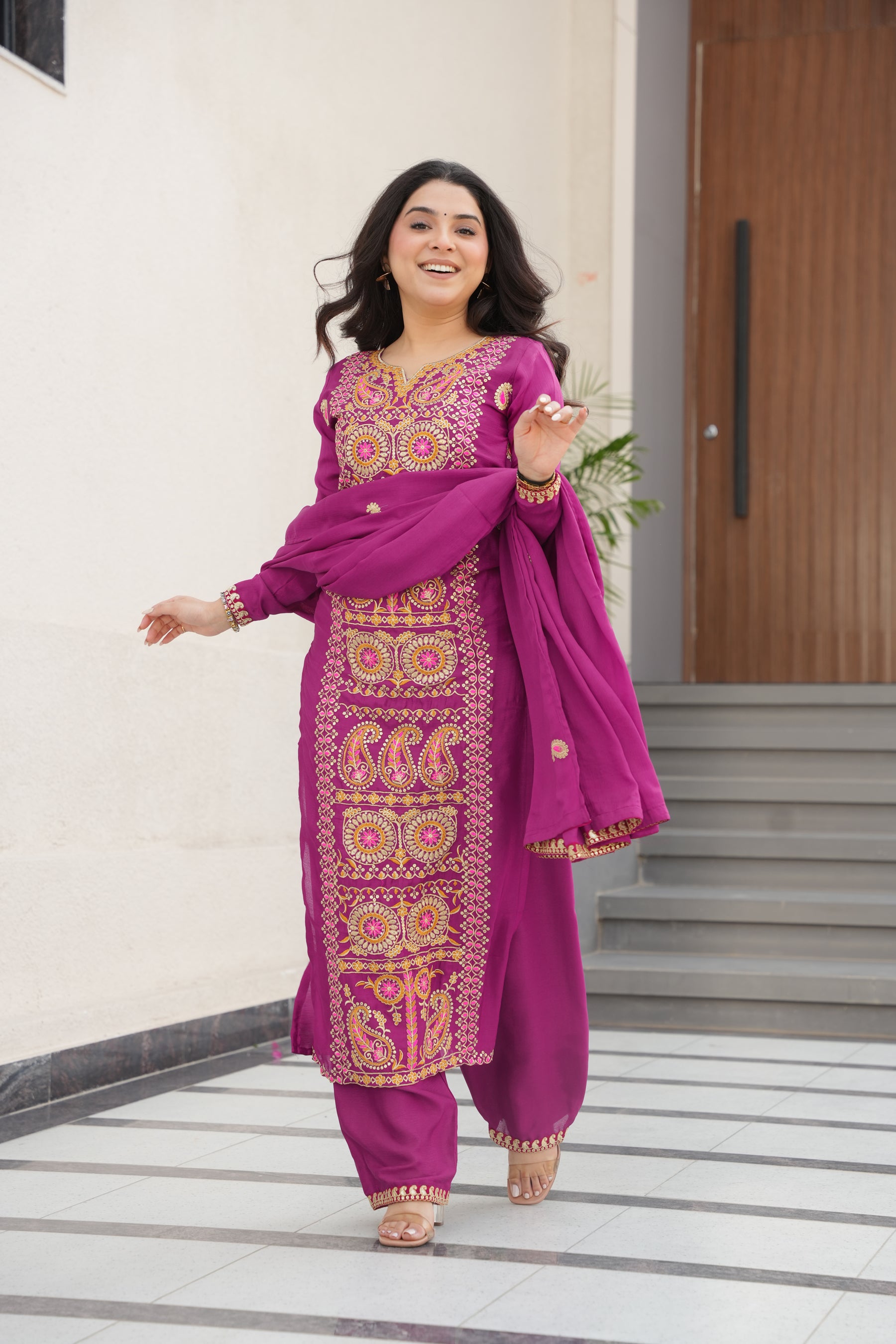 Lorenvalley Fashion Magenta Chinon Silk with Zari Multi & Thread Embroidered work Kurta Pant with Dupatta - Distacart