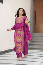 Thumbnail for Lorenvalley Fashion Magenta Chinon Silk with Zari Multi & Thread Embroidered work Kurta Pant with Dupatta - Distacart
