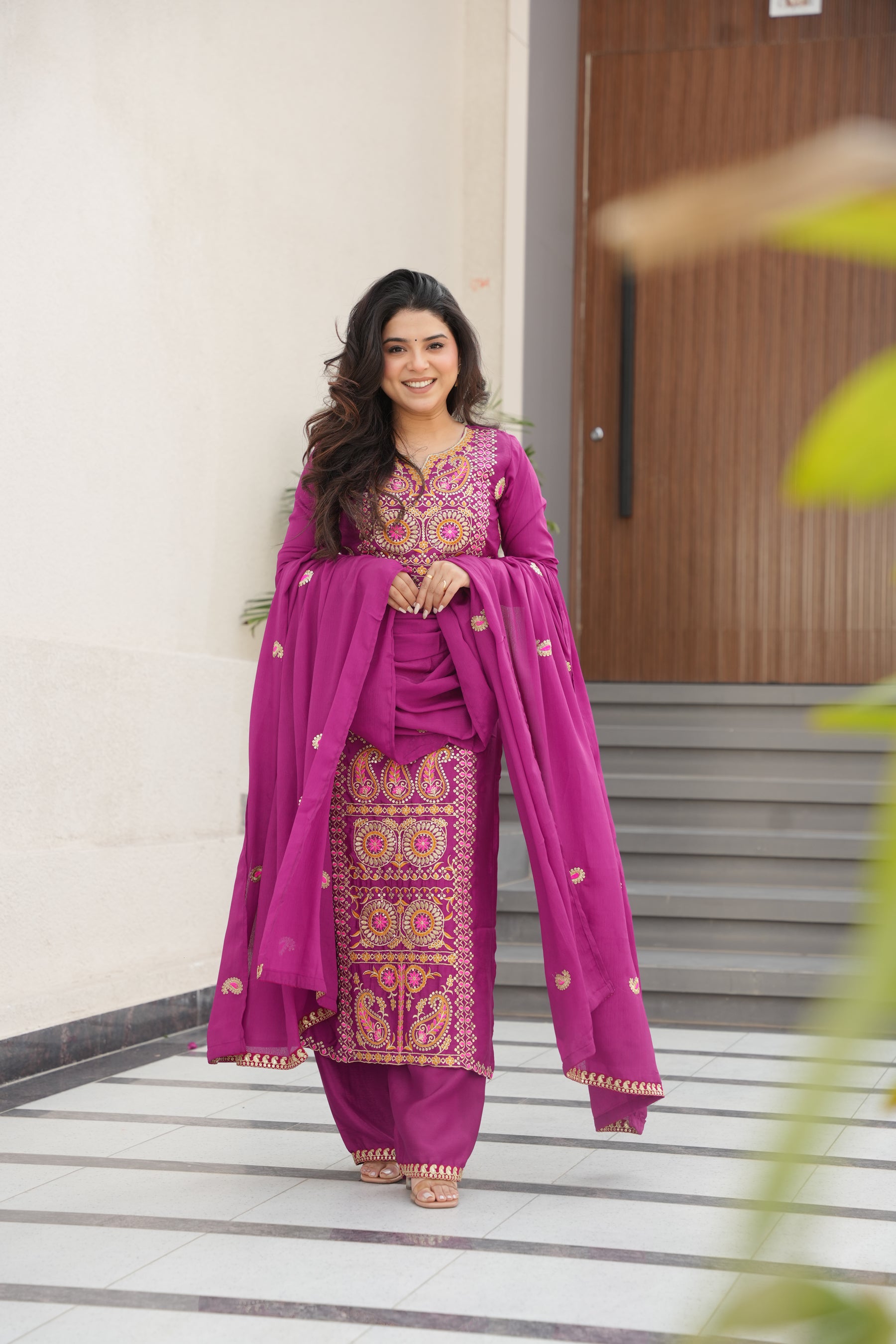 Lorenvalley Fashion Magenta Chinon Silk with Zari Multi & Thread Embroidered work Kurta Pant with Dupatta - Distacart