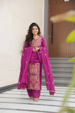 Thumbnail for Lorenvalley Fashion Magenta Chinon Silk with Zari Multi & Thread Embroidered work Kurta Pant with Dupatta - Distacart