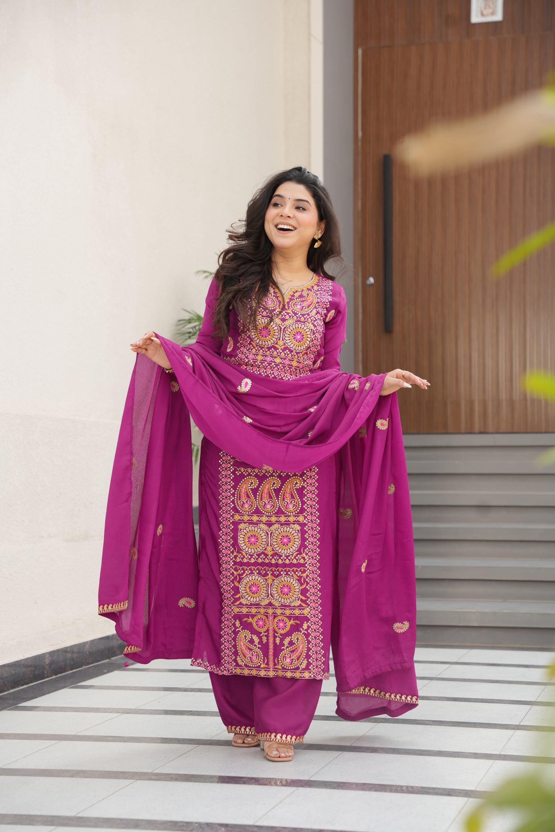 Lorenvalley Fashion Magenta Chinon Silk with Zari Multi & Thread Embroidered work Kurta Pant with Dupatta - Distacart