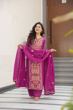 Thumbnail for Lorenvalley Fashion Magenta Chinon Silk with Zari Multi & Thread Embroidered work Kurta Pant with Dupatta - Distacart