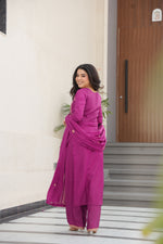 Thumbnail for Lorenvalley Fashion Magenta Chinon Silk with Zari Multi & Thread Embroidered work Kurta Pant with Dupatta - Distacart