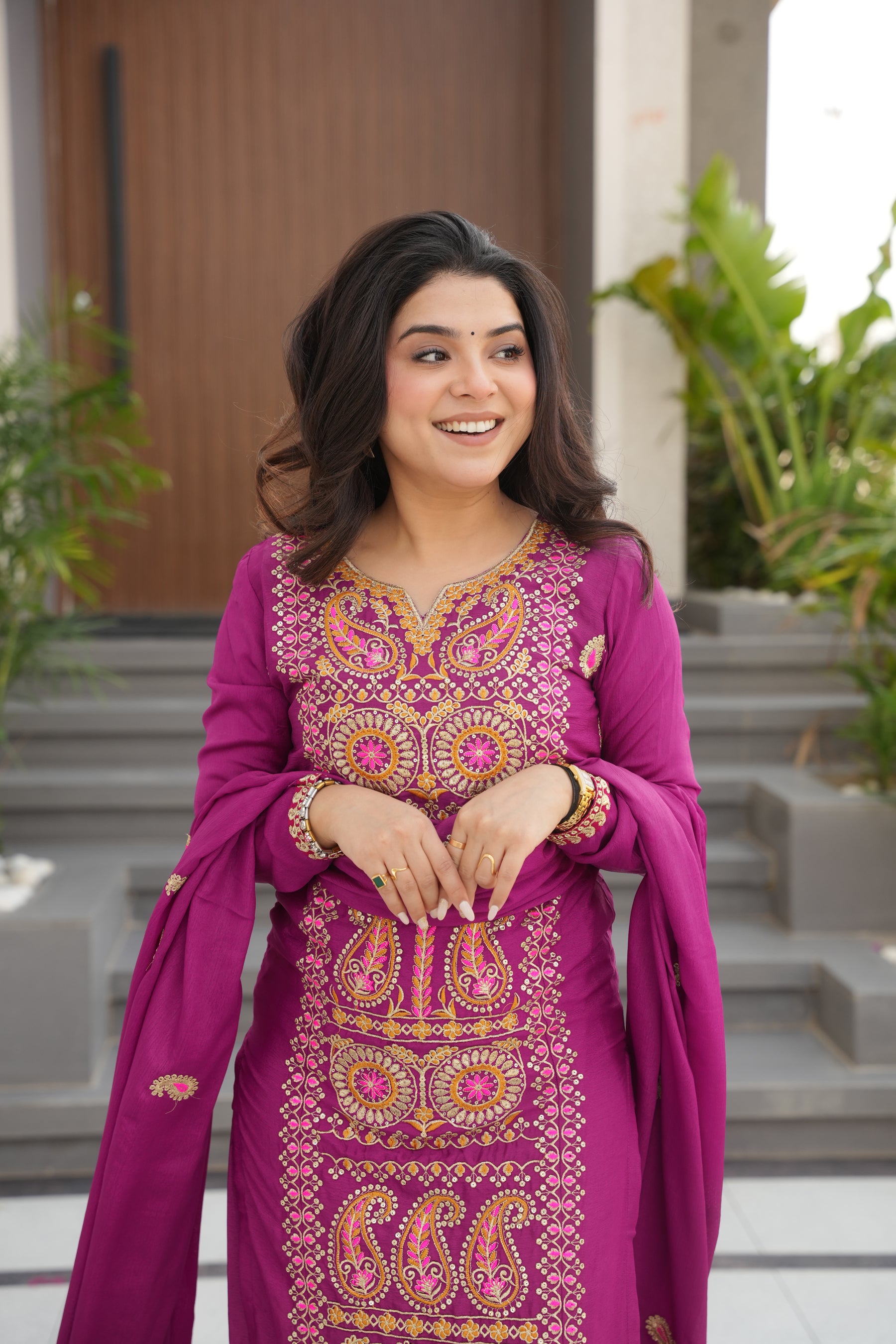Lorenvalley Fashion Magenta Chinon Silk with Zari Multi & Thread Embroidered work Kurta Pant with Dupatta - Distacart