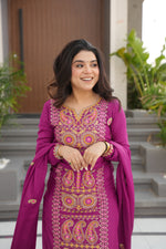 Thumbnail for Lorenvalley Fashion Magenta Chinon Silk with Zari Multi & Thread Embroidered work Kurta Pant with Dupatta - Distacart