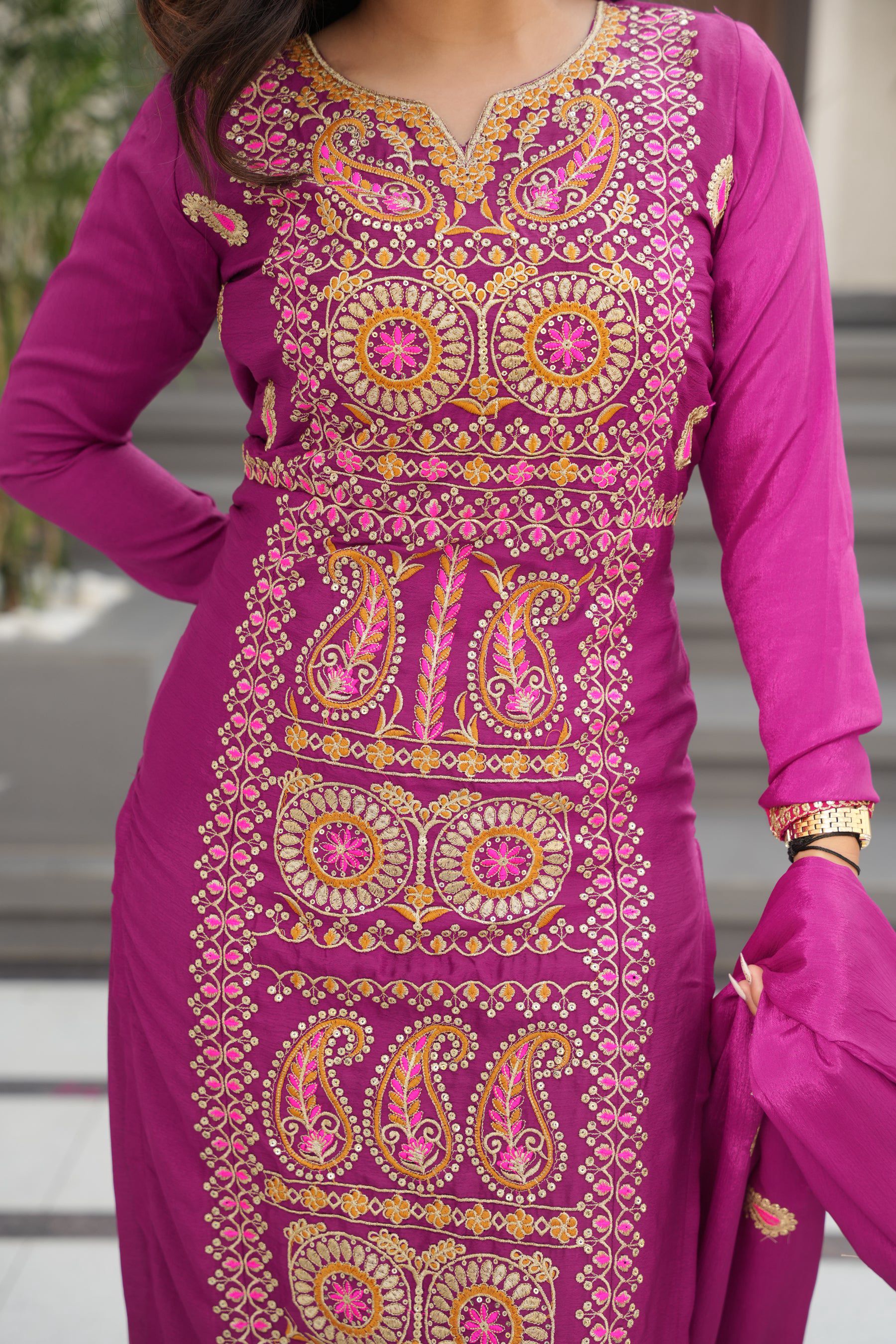 Lorenvalley Fashion Magenta Chinon Silk with Zari Multi & Thread Embroidered work Kurta Pant with Dupatta - Distacart
