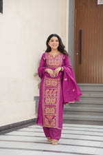 Thumbnail for Lorenvalley Fashion Magenta Chinon Silk with Zari Multi & Thread Embroidered work Kurta Pant with Dupatta - Distacart