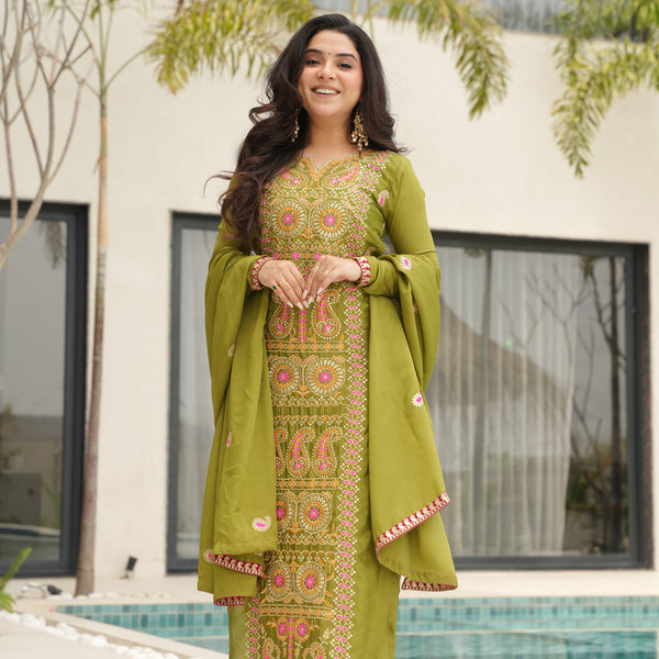 Lorenvalley Fashion Parrot Green Chinon Silk with Zari Multi & Thread Embroidered work Kurta Pant with Dupatta - Distacart