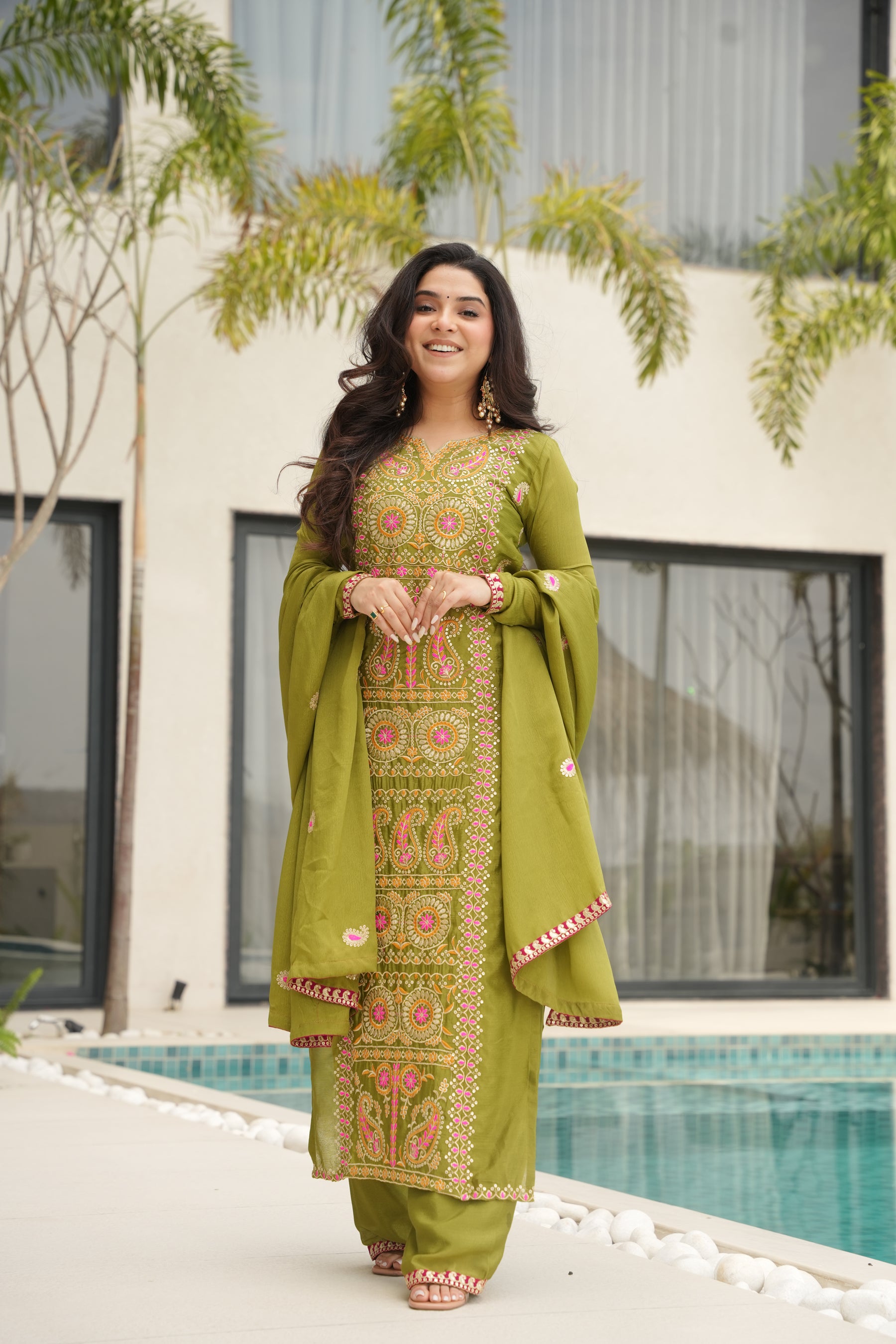 Lorenvalley Fashion Parrot Green Chinon Silk with Zari Multi & Thread Embroidered work Kurta Pant with Dupatta