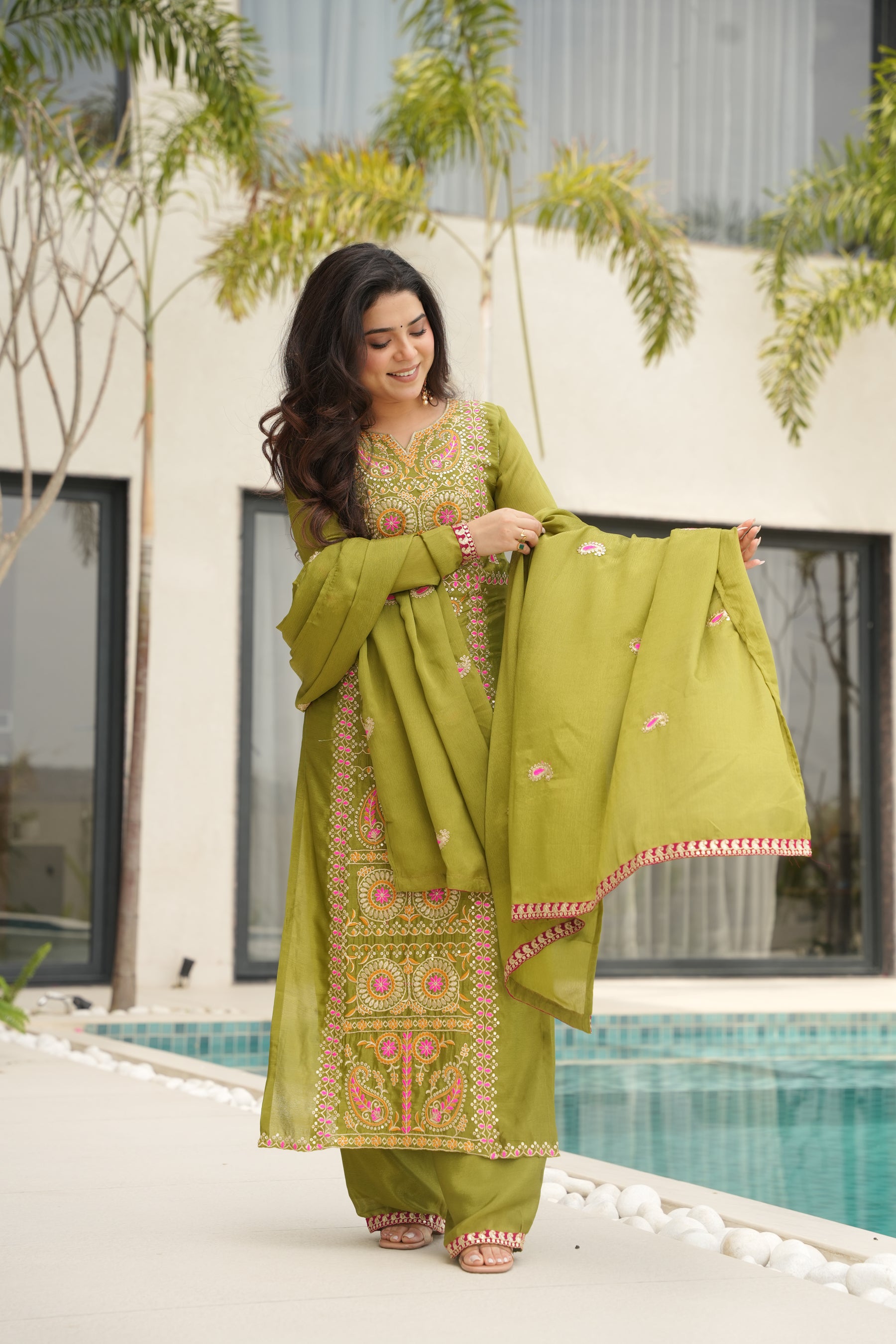 Lorenvalley Fashion Parrot Green Chinon Silk with Zari Multi & Thread Embroidered work Kurta Pant with Dupatta - Distacart