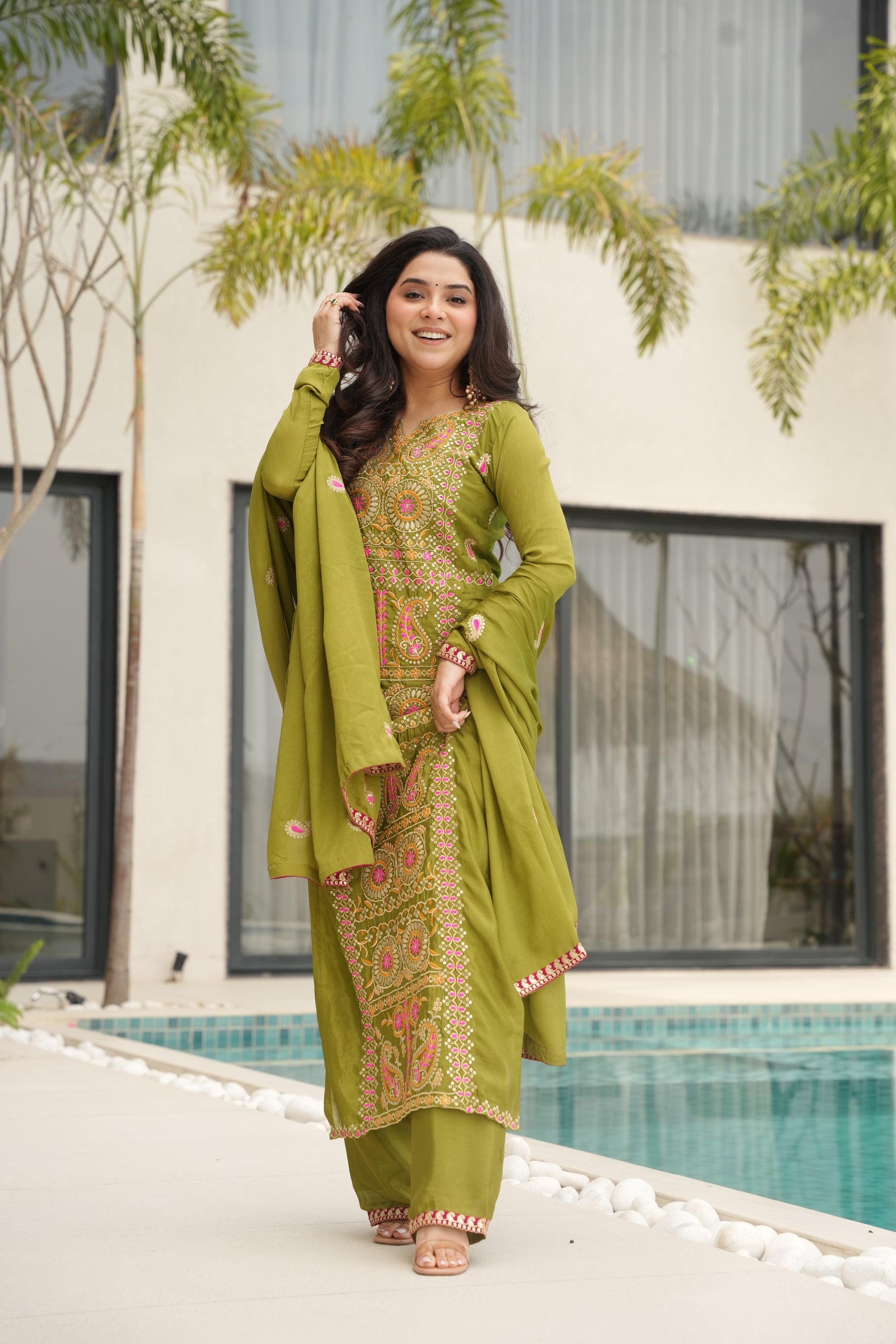 Lorenvalley Fashion Parrot Green Chinon Silk with Zari Multi & Thread Embroidered work Kurta Pant with Dupatta - Distacart