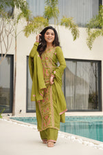 Thumbnail for Lorenvalley Fashion Parrot Green Chinon Silk with Zari Multi & Thread Embroidered work Kurta Pant with Dupatta - Distacart