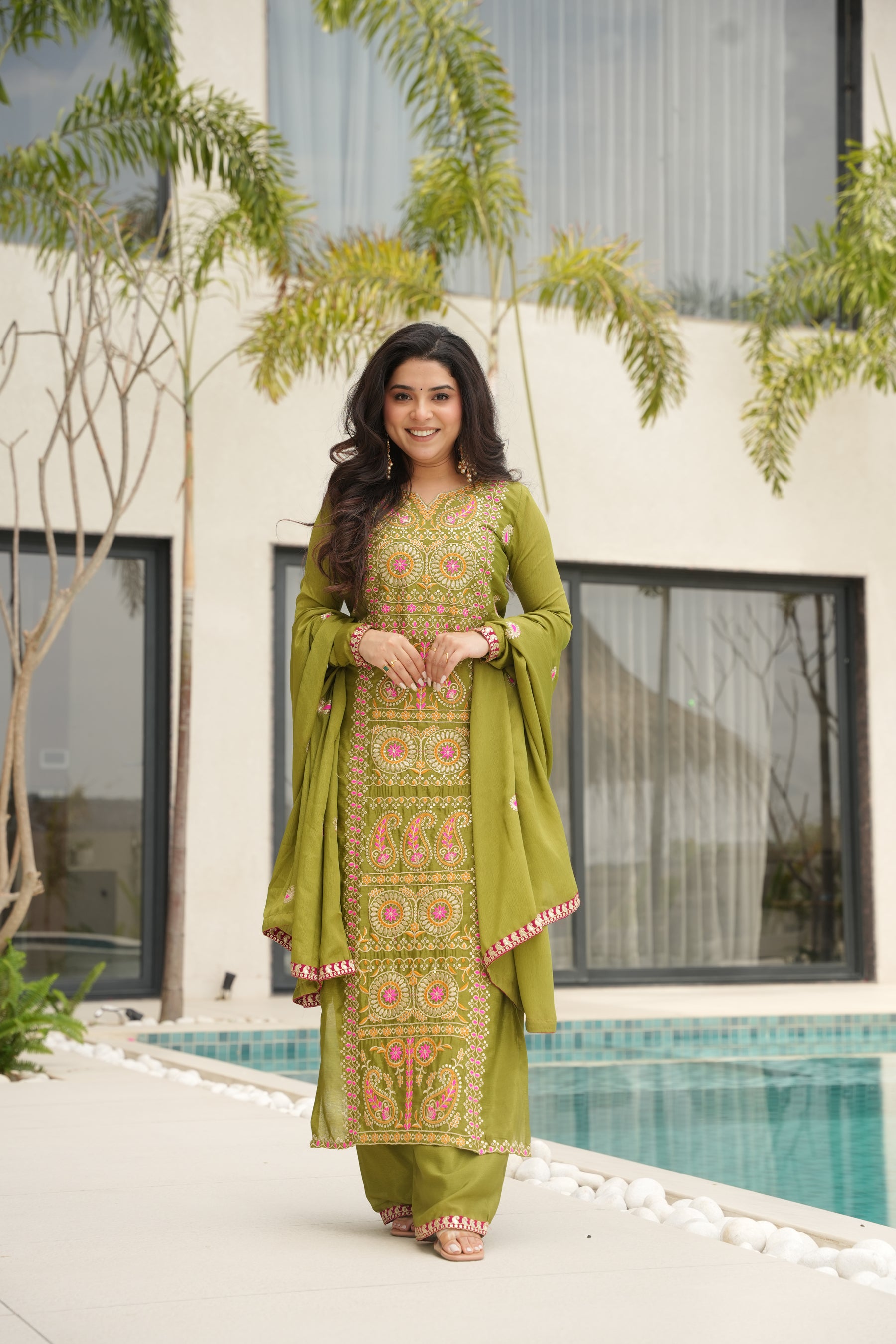 Lorenvalley Fashion Parrot Green Chinon Silk with Zari Multi & Thread Embroidered work Kurta Pant with Dupatta - Distacart
