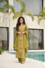 Thumbnail for Lorenvalley Fashion Parrot Green Chinon Silk with Zari Multi & Thread Embroidered work Kurta Pant with Dupatta - Distacart
