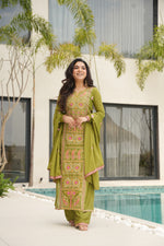Thumbnail for Lorenvalley Fashion Parrot Green Chinon Silk with Zari Multi & Thread Embroidered work Kurta Pant with Dupatta - Distacart