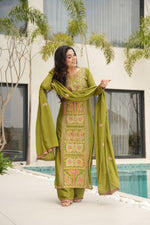 Thumbnail for Lorenvalley Fashion Parrot Green Chinon Silk with Zari Multi & Thread Embroidered work Kurta Pant with Dupatta - Distacart