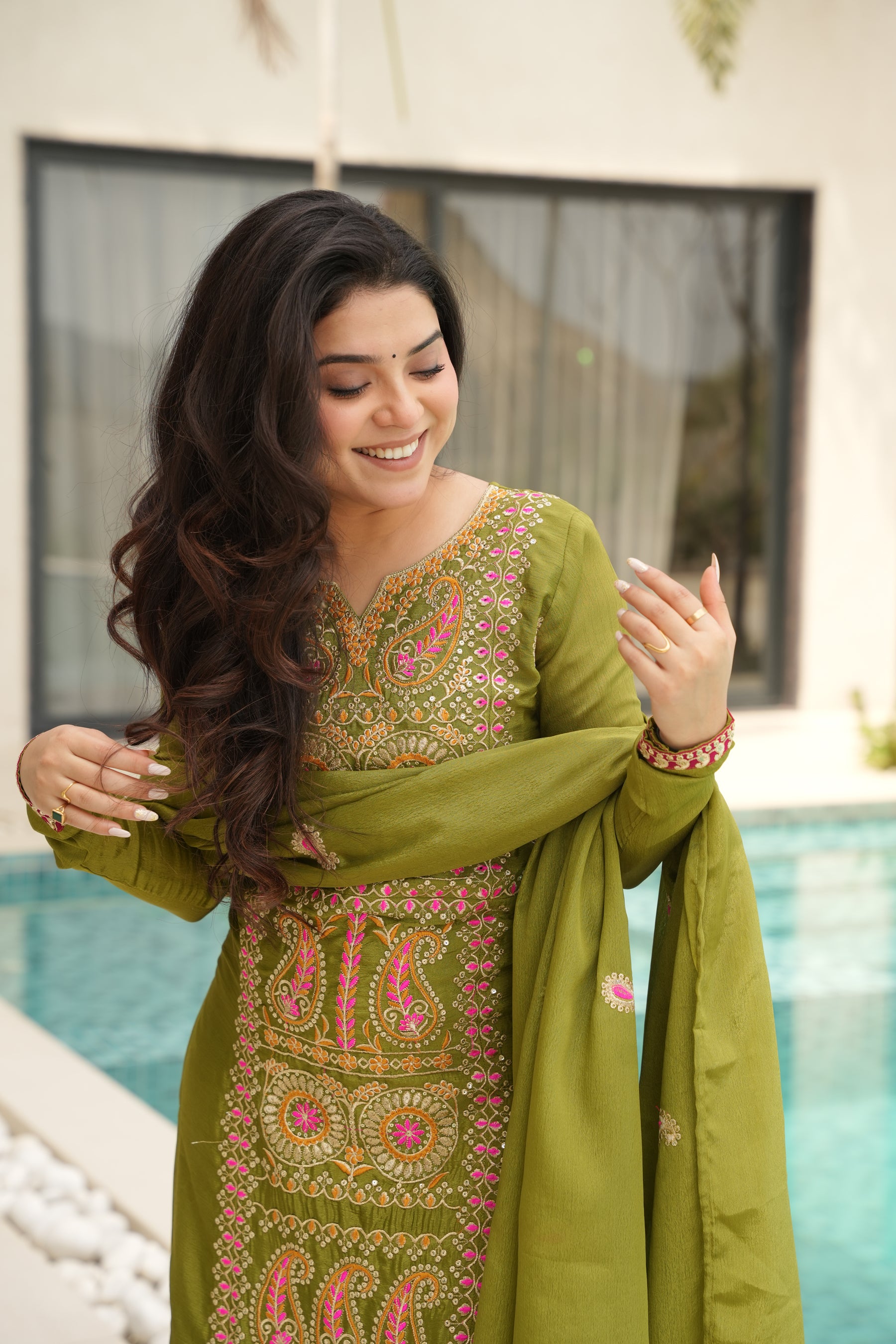 Lorenvalley Fashion Parrot Green Chinon Silk with Zari Multi & Thread Embroidered work Kurta Pant with Dupatta - Distacart