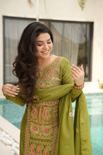 Thumbnail for Lorenvalley Fashion Parrot Green Chinon Silk with Zari Multi & Thread Embroidered work Kurta Pant with Dupatta - Distacart