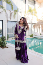 Thumbnail for Lorenvalley Fashion Purple Velvet with Rich Zari Embroidered & Real Mirror work Kurta Palazzo with Dupatta - Distacart