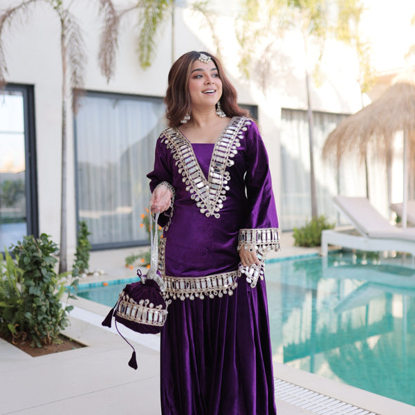 Lorenvalley Fashion Purple Velvet with Rich Zari Embroidered & Real Mirror work Kurta Palazzo with Dupatta - Distacart