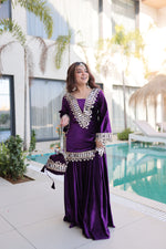Thumbnail for Lorenvalley Fashion Purple Velvet with Rich Zari Embroidered & Real Mirror work Kurta Palazzo with Dupatta - Distacart
