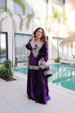 Thumbnail for Lorenvalley Fashion Purple Velvet with Rich Zari Embroidered & Real Mirror work Kurta Palazzo with Dupatta - Distacart