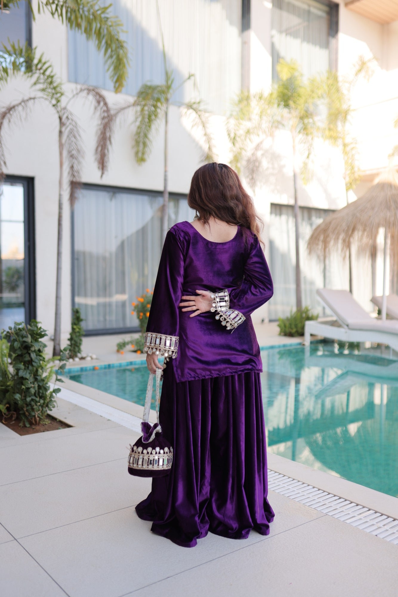 Lorenvalley Fashion Purple Velvet with Rich Zari Embroidered & Real Mirror work Kurta Palazzo with Dupatta - Distacart