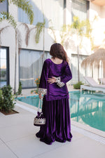 Thumbnail for Lorenvalley Fashion Purple Velvet with Rich Zari Embroidered & Real Mirror work Kurta Palazzo with Dupatta - Distacart