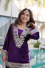 Thumbnail for Lorenvalley Fashion Purple Velvet with Rich Zari Embroidered & Real Mirror work Kurta Palazzo with Dupatta - Distacart