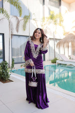 Thumbnail for Lorenvalley Fashion Purple Velvet with Rich Zari Embroidered & Real Mirror work Kurta Palazzo with Dupatta - Distacart