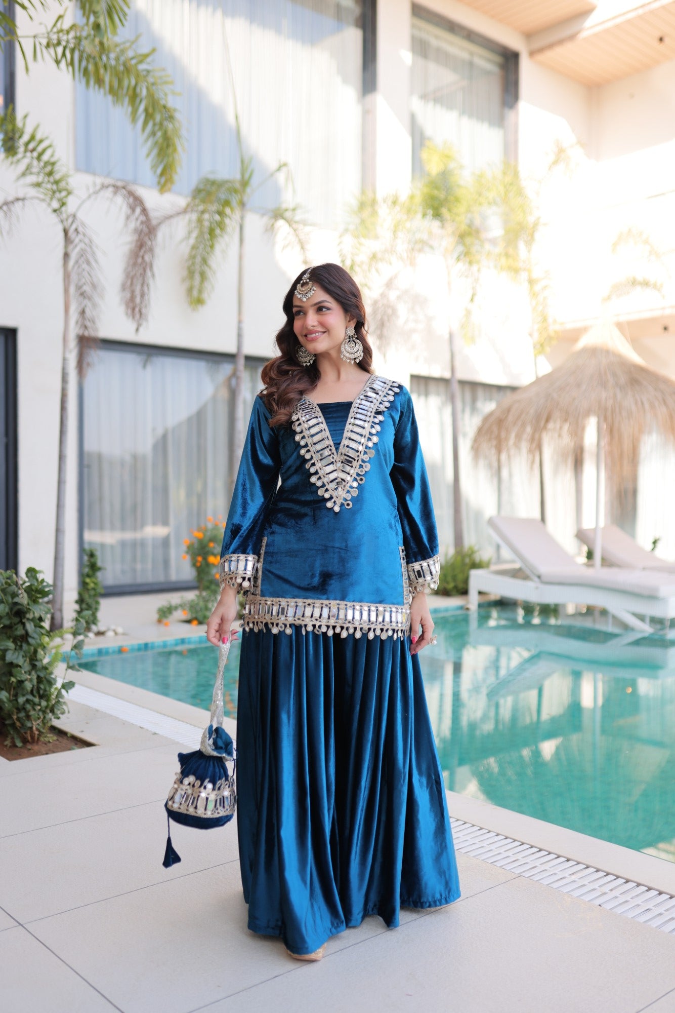 Lorenvalley Fashion Rama Velvet with Rich Zari Embroidered & Real Mirror work Kurta Palazzo with Dupatta