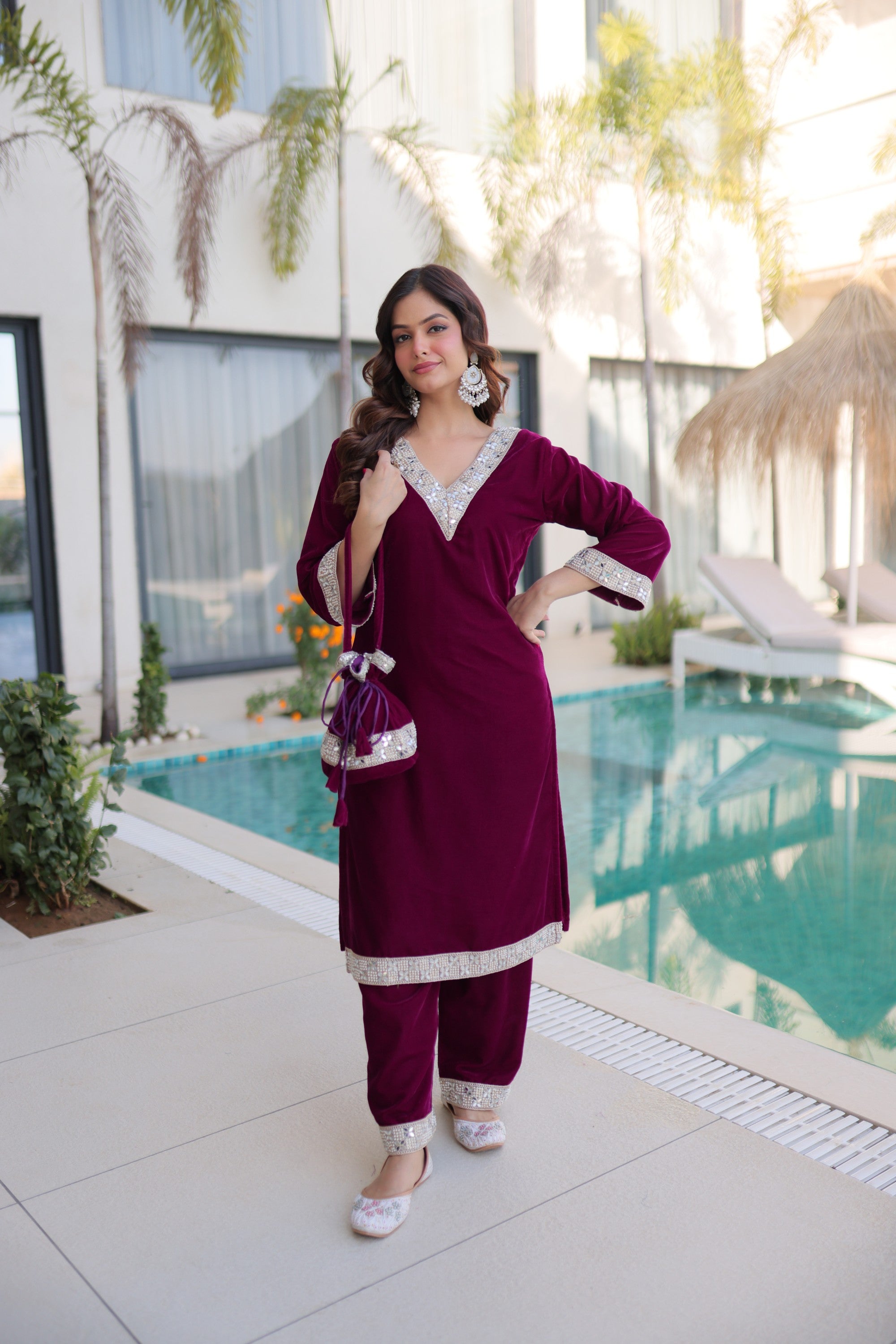Lorenvalley Fashion Wine 9000 Velvet with Rich Zari Embroidered & Real Mirror Work Kurta Pant with Batwa - Distacart