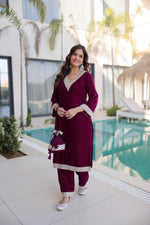 Thumbnail for Lorenvalley Fashion Wine 9000 Velvet with Rich Zari Embroidered & Real Mirror Work Kurta Pant with Batwa - Distacart