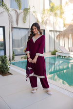 Thumbnail for Lorenvalley Fashion Wine 9000 Velvet with Rich Zari Embroidered & Real Mirror Work Kurta Pant with Batwa - Distacart