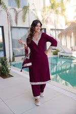Thumbnail for Lorenvalley Fashion Wine 9000 Velvet with Rich Zari Embroidered & Real Mirror Work Kurta Pant with Batwa - Distacart