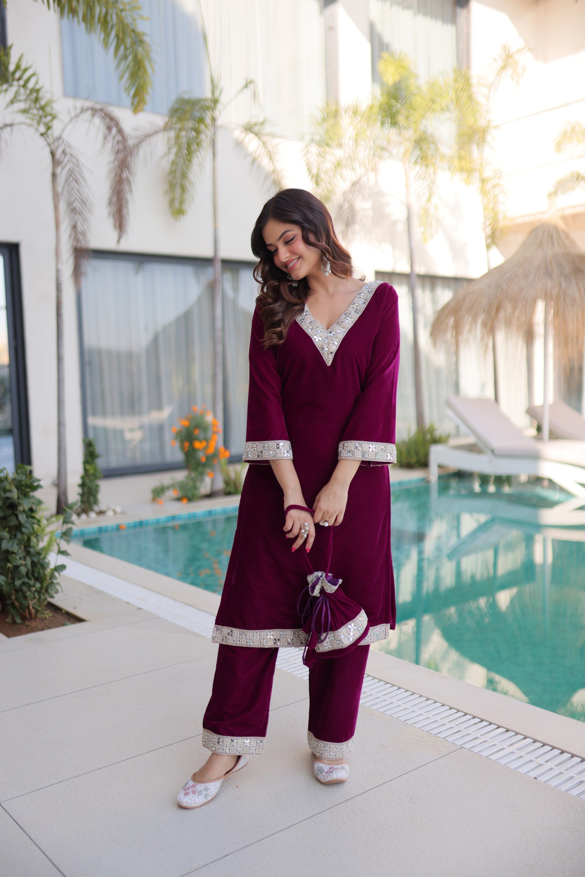 Lorenvalley Fashion Wine 9000 Velvet with Rich Zari Embroidered & Real Mirror Work Kurta Pant with Batwa - Distacart