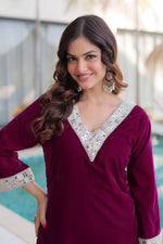 Thumbnail for Lorenvalley Fashion Wine 9000 Velvet with Rich Zari Embroidered & Real Mirror Work Kurta Pant with Batwa - Distacart