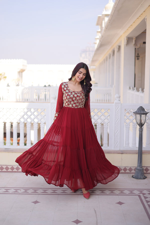 Buy Lorenvalley Fashion Maroon Faux Blooming with Sequins & Zari with Pipe  Embroidered work Gown Online at Low Prices