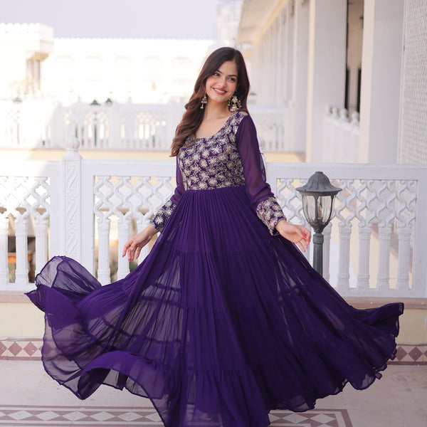 Lorenvalley Fashion Purple Faux Blooming with Sequins & Zari with Pipe Embroidered work Gown - Distacart